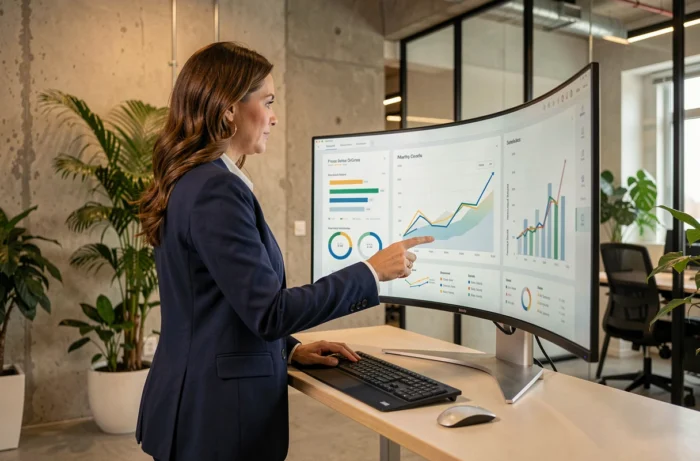 Femme d'affaires analysant les tendances business 2024 sur un écran numérique dans un bureau moderne
