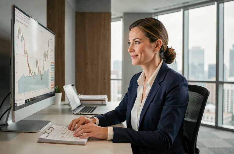 Femme professionnelle analysant des graphiques boursiers sur un écran dans un bureau moderne