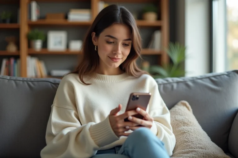 Jeune femme utilisant l'application de streaming Voplav sur smartphone Android dans un salon moderne
