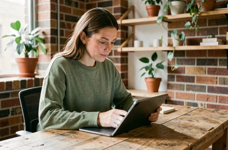 Femme dans un appartement éco-responsable consultant une tablette entourée de plantes et de matériaux naturels