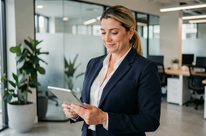 Femme cadre en blazer marine consultant une tablette dans un bureau moderne en 2024, tendances professionnelles en entreprise