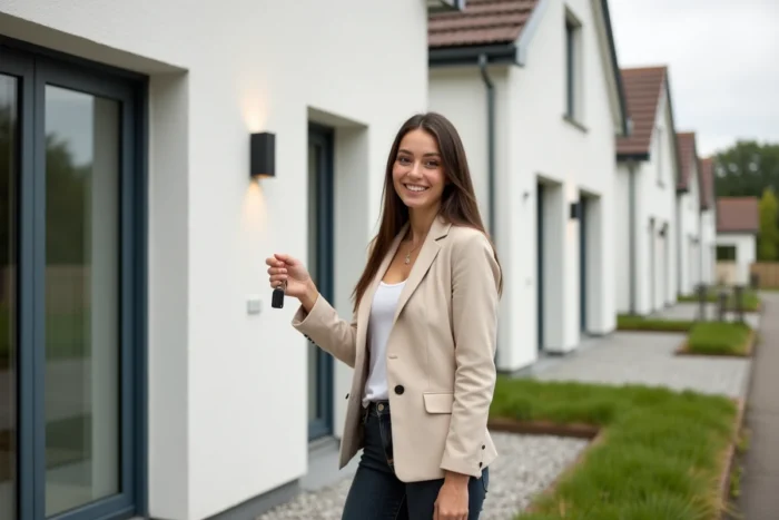 Jeune femme tenant les clés de sa maison neuve devant l'entrée d'un pavillon moderne en France