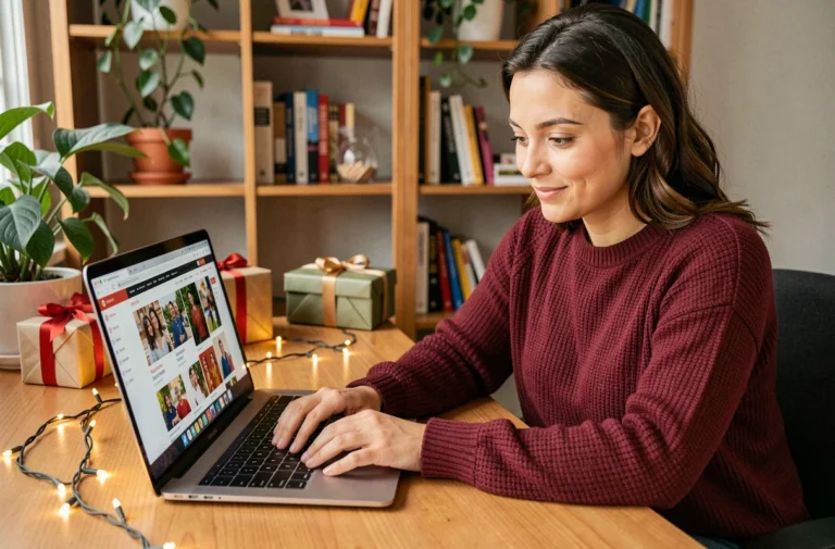 Femme consultant le plan d'un blog festif sur son ordinateur portable dans un bureau décoré pour les fêtes