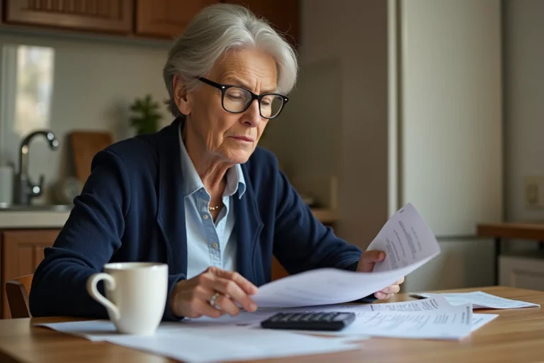 Une femme âgée examine ses documents de tarifs ADMR à domicile, calculatrice posée sur la table en bois