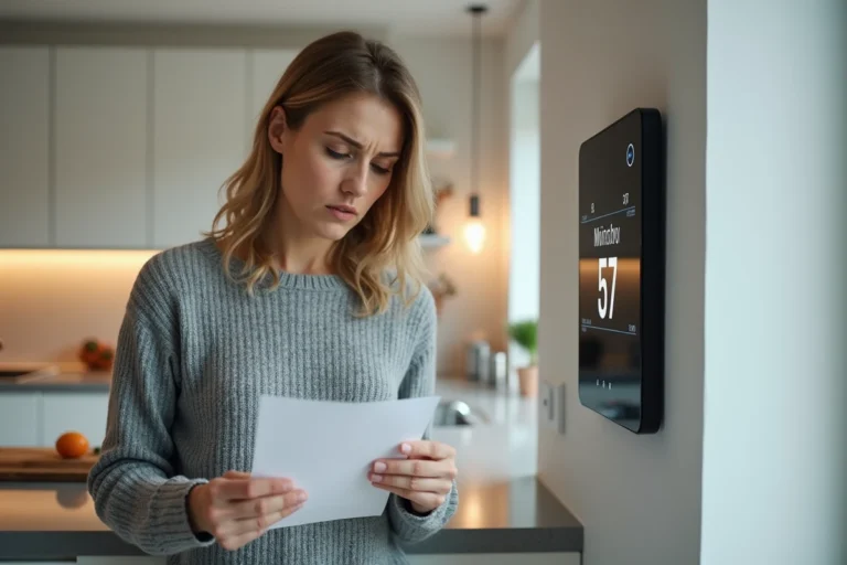 Femme examinant sa facture d'électricité dans une cuisine moderne avec un moniteur d'énergie intelligent au mur