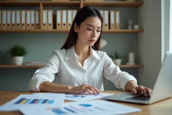 Femme consultant des documents financiers et un ordinateur portable dans un bureau à domicile moderne pour gérer ses finances personnelles