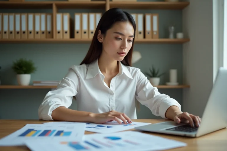 Femme consultant des documents financiers et un ordinateur portable dans un bureau à domicile moderne pour gérer ses finances personnelles
