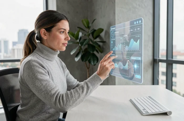 Femme utilisant une interface holographique intelligente dans un bureau moderne en 2024, illustrant les nouvelles technologies du quotidien