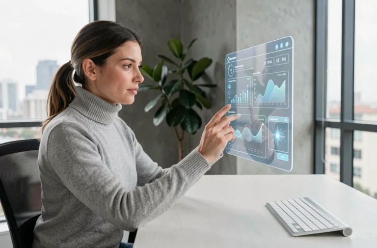 Femme utilisant une interface holographique intelligente dans un bureau moderne en 2024, illustrant les nouvelles technologies du quotidien