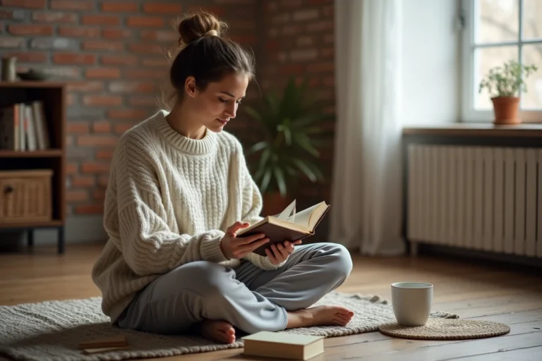 Femme détendue lisant un livre chez elle, entourée de livres et d'une tasse de café, activité de loisir quotidienne