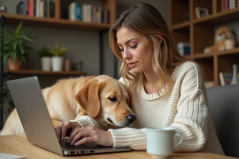 Femme naviguant sur un site web dédié aux animaux de compagnie avec son golden retriever à ses côtés
