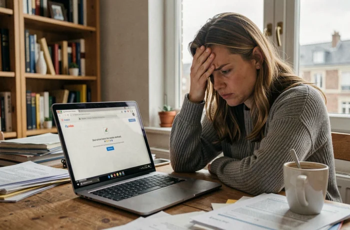 Femme frustrée devant un ordinateur portable affichant une erreur de messagerie webmail à Nantes
