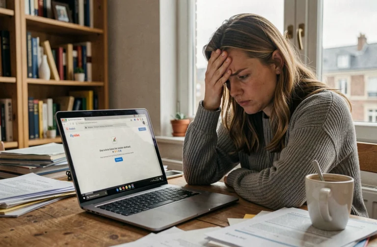 Femme frustrée devant un ordinateur portable affichant une erreur de messagerie webmail à Nantes