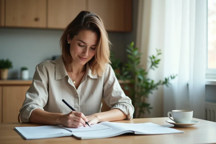 Femme préparant sereinement les documents pour un divorce à l'amiable depuis son domicile