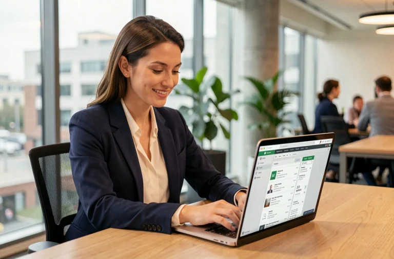 Femme professionnelle consultant des offres d'emploi sur un ordinateur portable dans un bureau moderne