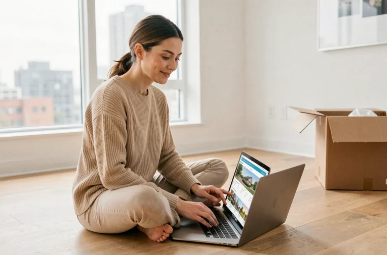 Femme consultant des annonces immobilières en ligne sur son ordinateur portable dans un appartement moderne