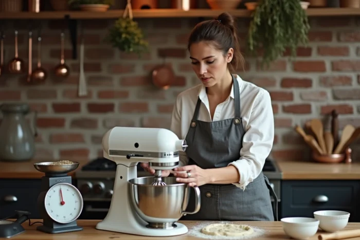 Femme utilisant un robot pâtissier entourée d'équipements de cuisine indispensables dans une cuisine au style rustique