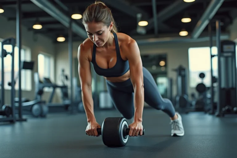 Femme utilisant un rouleau abdominal dans une salle de sport Basic Fit pour muscler les abdominaux et perdre du ventre