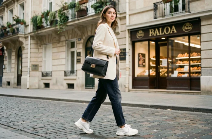 Femme portant un sac Double M noir des années 90 dans une rue pavée de Paris en tenue rétro chic
