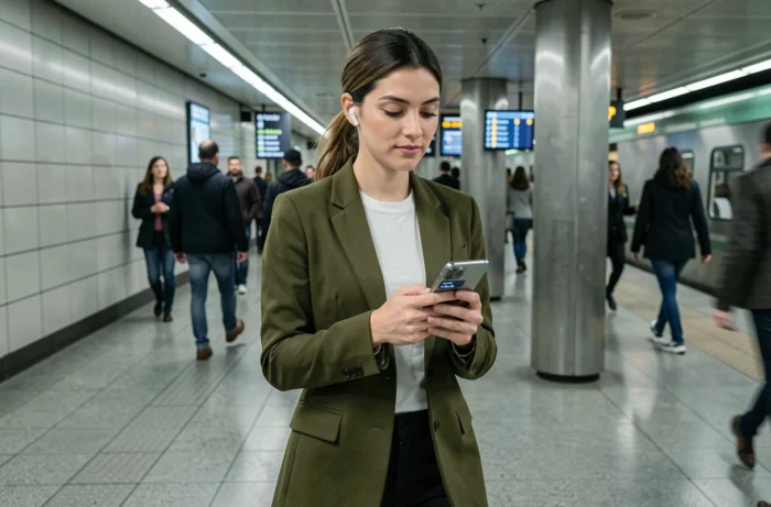 Jeune femme utilisant un smartphone pliable et des écouteurs intelligents dans une station de métro urbaine animée, représentant la mobilité technologique en 2024