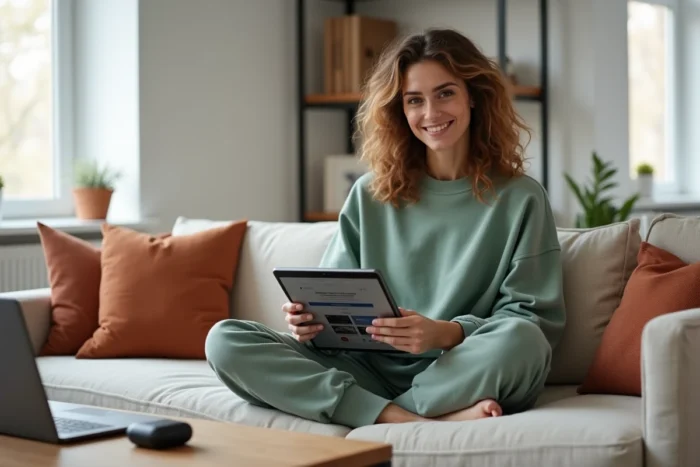 Femme dans la trentaine consultant les dernières tendances tech sur une tablette dans un salon moderne et minimaliste avec des gadgets connectés