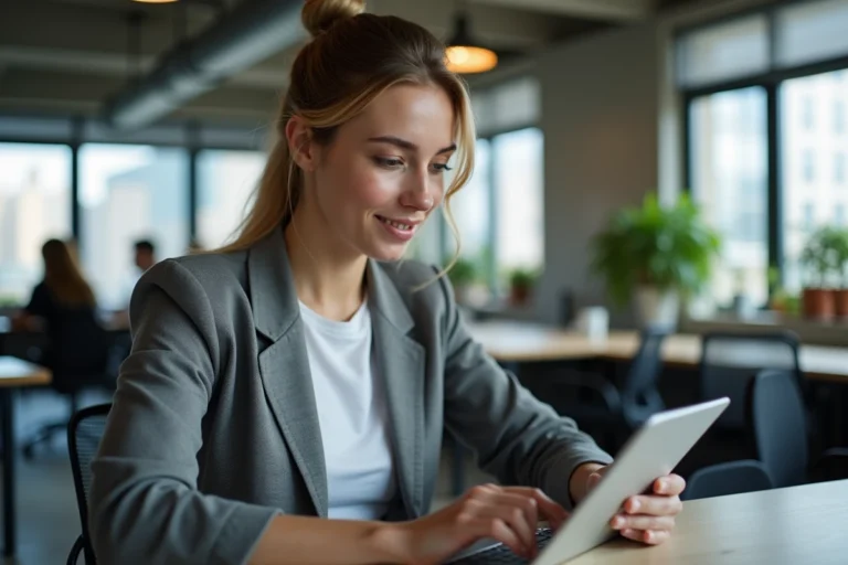 Femme professionnelle consultant les tendances du web en 2024 sur une tablette dans un bureau moderne
