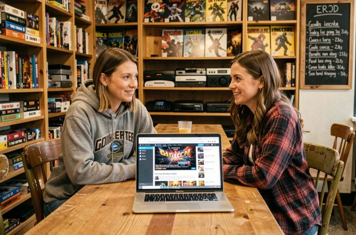 Deux passionnées de culture geek consultant des actualités web ensemble dans un café dédié aux jeux et aux comics