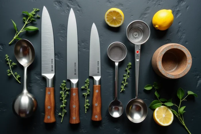 Vue à plat d'une sélection d'équipements de cuisine indispensables disposés sur une ardoise sombre avec des herbes fraîches