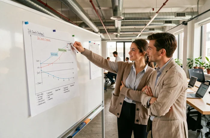 Un groupe de chercheurs d'emploi collaborant autour d'un tableau blanc dans un espace de coworking pour élaborer leur stratégie de recherche d'emploi