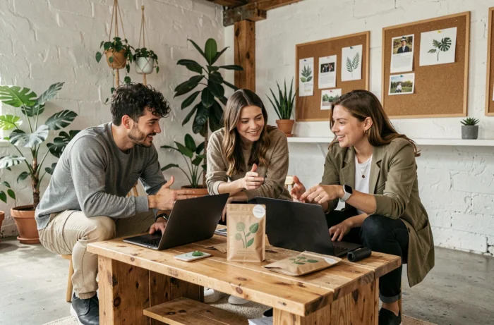 Groupe de jeunes adultes dans un espace coworking discutant de nouveautés bio et technologiques