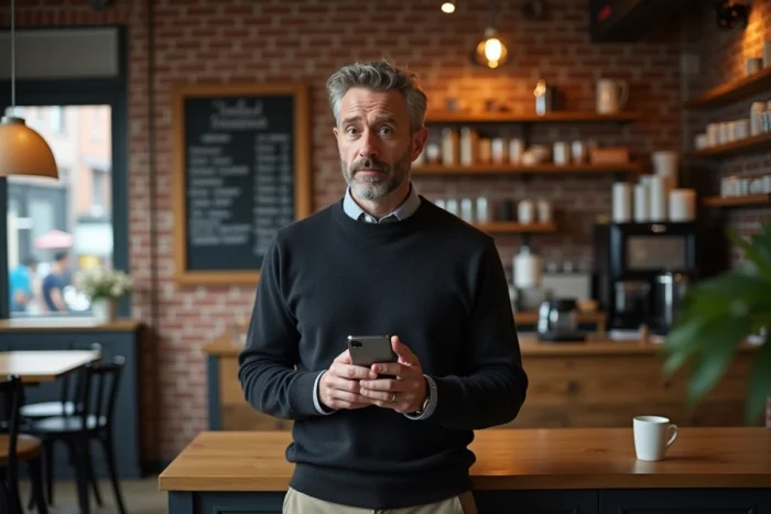 Homme consultant les dernières actualités numériques sur son smartphone dans un café urbain tendance
