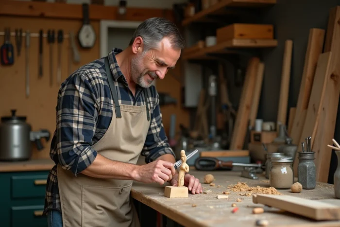 Homme travaillant le bois dans son atelier, sculpture artisanale comme loisir créatif à la maison