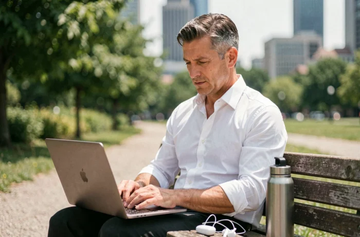 Homme de 45 ans consultant un blog de développement personnel sur son ordinateur portable dans un parc urbain
