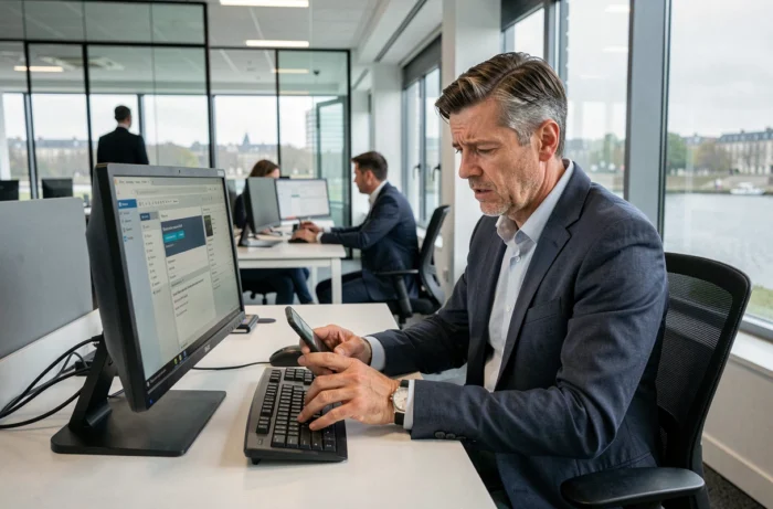 Homme en bureau utilisant son smartphone pour accéder à ses e-mails pendant une panne de webmail