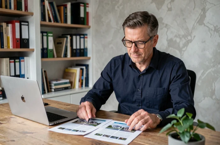 Homme comparant des annonces immobilières imprimées dans un bureau à domicile