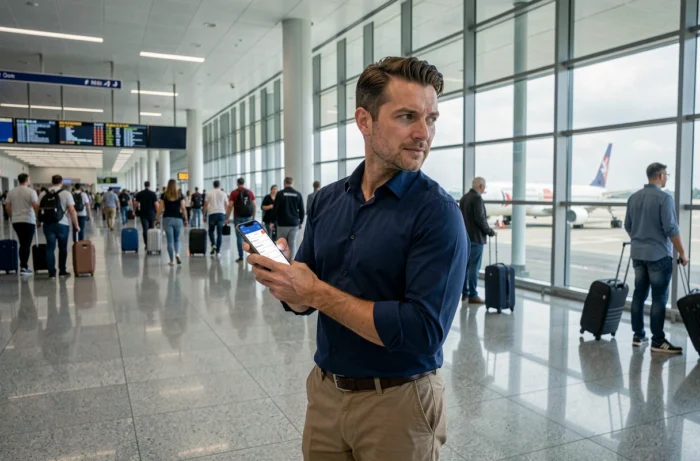 Homme comparant des vols sur son smartphone dans un terminal d'aéroport international