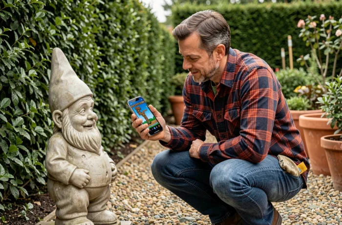 Homme comparant le doodle Google nain de jardin avec une vraie figurine de gnome dans un jardin