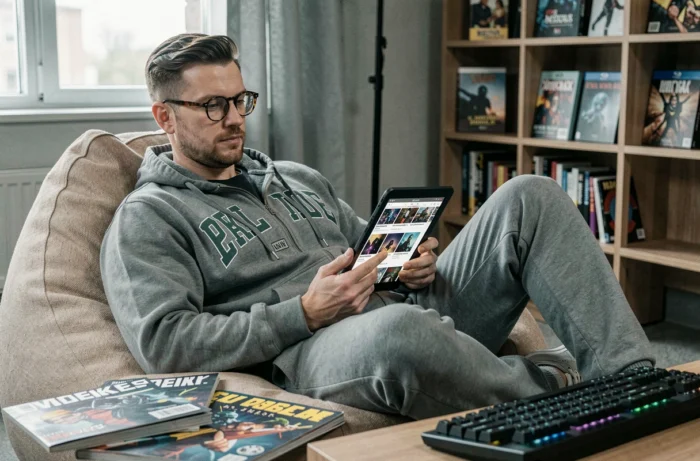 Homme geek passionné lisant un blog de culture geek sur tablette dans un espace de coworking moderne entouré de magazines et de romans graphiques