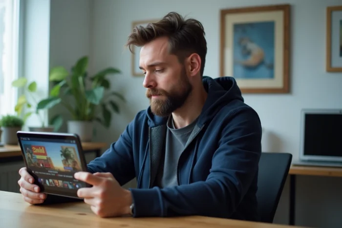 Homme consultant l'interface de streaming Voplav sur une tablette Android dans un bureau à domicile