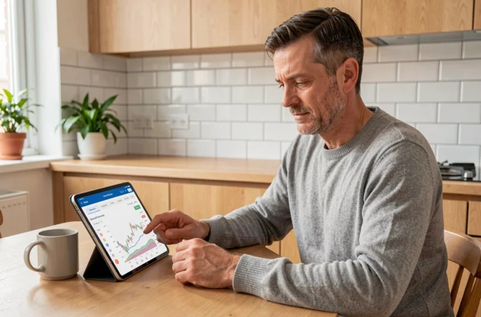 Homme consultant une plateforme d'investissement boursier sur une tablette à la maison