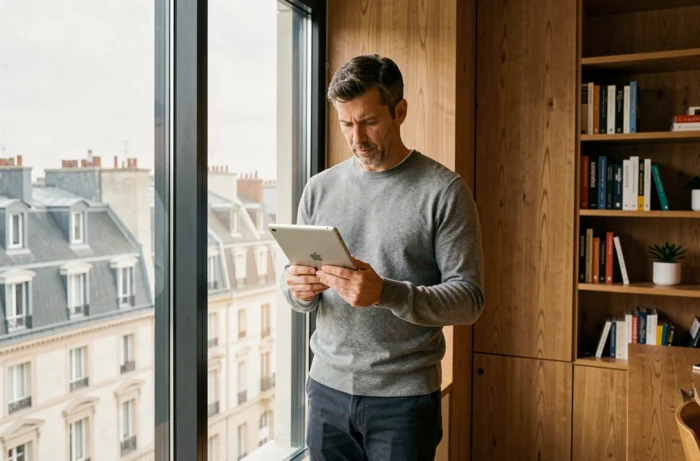 Homme consultant les actualités web sur une tablette devant une grande fenêtre dans un espace de coworking français