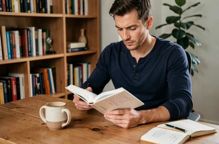 Homme dans la trentaine lisant un livre de développement personnel à son bureau avec des notes manuscrites et un carnet