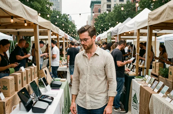Homme au marché urbain bio et tech parcourant des produits écologiques et des gadgets innovants