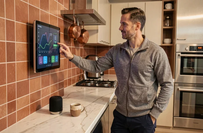 Homme interagissant avec un panneau domotique dans une cuisine connectée moderne, symbolisant les innovations technologiques à la maison en 2024