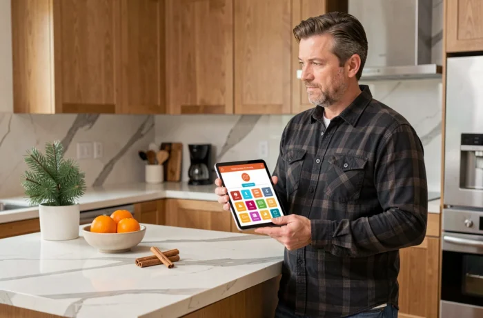 Homme parcourant le plan de navigation d'un blog festif sur une tablette dans une cuisine décorée