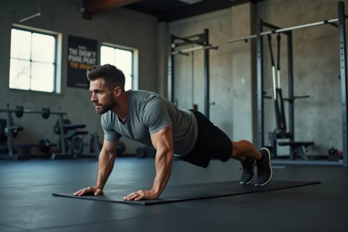Homme réalisant un exercice de planche dans une salle Basic Fit pour renforcer les muscles du ventre et du core