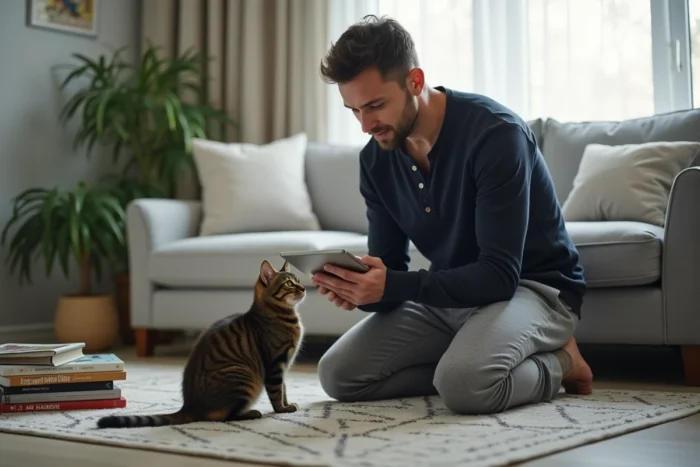 Homme consultant la carte du site 4 Pattes d'Amour sur une tablette avec son chat