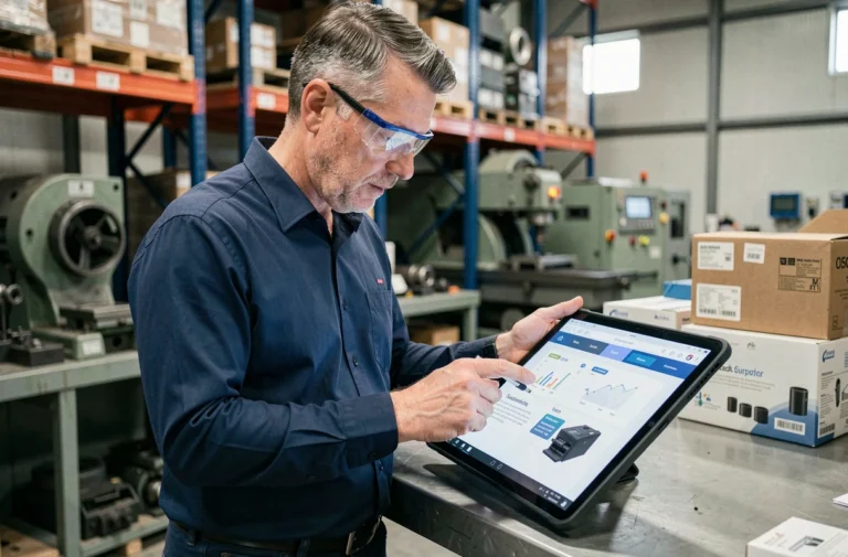 Ingénieur industriel consultant un catalogue de fournisseurs en ligne sur une tablette dans un entrepôt de fabrication