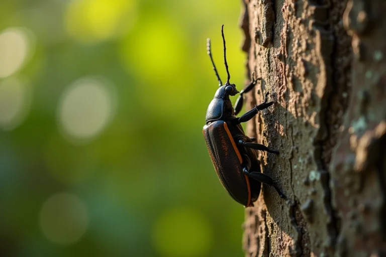 Insecte xylotrechus en gros plan sur l'écorce d'un mûrier platane dans un jardin