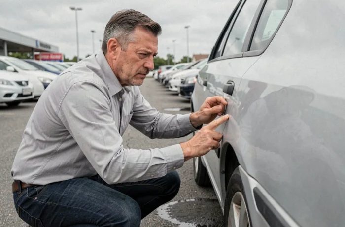 Un homme inspectant attentivement la carrosserie d'une voiture d'occasion chez un concessionnaire Aramis Auto